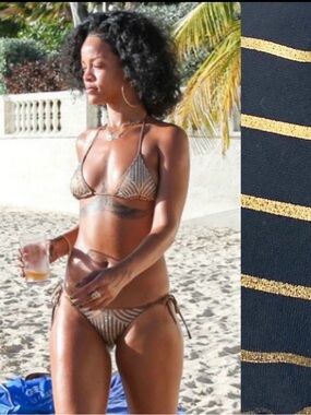 Charlie By MZ Striped Foil Halter String Triangle 2 Piece Bikini Set: Black Gold